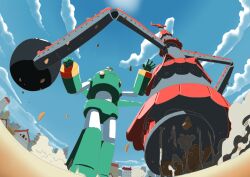  absurdres blue_sky city commentary_request crayon_shin-chan crayon_shin-chan:_unkokusai_no_yabou day debris dust_cloud fisheye from_below highres horns jinou_rakugaki kantam_robo mecha mecha_focus no_humans outdoors robot sky standing sun 