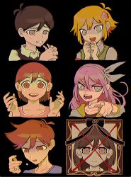  1girl 4boys absurdres alternate_eye_color antenna_hair aubrey_(faraway)_(omori) aubrey_(omori) basil_(faraway)_(omori) basil_(omori) black_background black_eyes black_hair black_sweater_vest blonde_hair blue_eyes blue_hairband blue_sweater brown_eyes brown_hair collarbone collared_shirt crying crying_with_eyes_open danganronpa_(series) dark-skinned_male dark_skin double-parted_bangs flower green_sweater_vest hair_between_eyes hair_flower hair_ornament hairband hero_(faraway)_(omori) hero_(omori) highres jacket kel_(faraway)_(omori) kel_(omori) long_hair looking_at_viewer mari_(faraway)_(omori) mari_(omori) milkymilkyshark multiple_boys omori open_mouth parted_lips pink_hair pointing pointing_at_viewer shirt short-sleeved_jacket short_hair short_sleeves sidelocks simple_background sweat sweater sweater_vest tears teeth tongue upper_teeth_only white_jacket white_shirt 