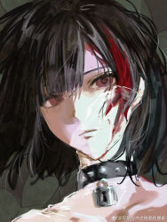  1girl bang_dream! bang_dream!_girls_band_party! black_choker black_hair chinese_commentary choker closed_mouth commentary_request feiyu30903448 highres looking_at_viewer mitake_ran multicolored_hair portrait red_streaks short_hair solo streaked_hair violet_eyes white_background 