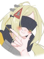 1girl ashimi_fugo blindfold_mask blonde_hair blush covered_eyes glowing_mask hair_ornament hand_on_another's_face highres jacket long_hair looking_at_viewer mask ponytail simple_background smile trigger_(zenless_zone_zero) twitter_username white_background zenless_zone_zero 