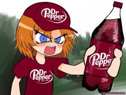  angry blue_eyes bottle condensation dr_pepper hat higurashi_no_naku_koro_ni holding holding_bottle meme orange_hair red_hat red_shirt ryuuguu_rena screaming shirt sweat visuabusters watermark 