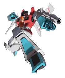  1boy aiming arm_cannon chinese_commentary clenched_hand commentary_request decepticon full_body grin male_focus max-k mecha mecha_focus no_humans open_hand red_eyes robot science_fiction simple_background smile solo starscream transformers transformers:_generation_1 weapon white_background 