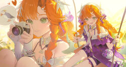  1girl 999kun bare_shoulders bird braid camera commentary green_eyes heart highres holding holding_camera jacket looking_at_viewer multiple_views on_swing open_mouth orange_hair parted_lips purple_jacket purple_shorts shorts sigrika_(wuthering_waves) smile swing veil white_veil wuthering_waves 