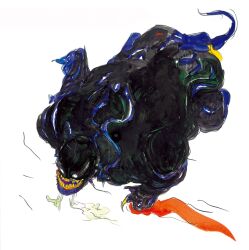  1boy all_fours amano_yoshitaka artist_name bald black_skin cagnazzo clawed_hands colored_skin drooling final_fantasy final_fantasy_iv from_above full_body no_pupils official_art sharp_teeth smile tail teeth third-party_source turtle_shell 