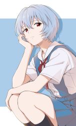  1girl artist_name ayanami_rei black_socks blue_background blue_hair blue_skirt blue_vest border buttons closed_mouth feet_out_of_frame hair_between_eyes hand_on_own_face hand_up highres looking_at_viewer neck_ribbon neon_genesis_evangelion open_clothes open_vest outside_border purigetsu red_eyes red_ribbon ribbon sailor_collar school_uniform shadow shirt short_hair short_sleeves simple_background sitting skirt skirt_set socks solo tokyo-3_middle_school_uniform vest white_border white_shirt 