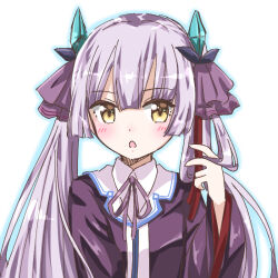  1girl 7cats black_robe blunt_bangs blunt_ends blush collared_shirt commentary_request eyes_visible_through_hair fake_horns frown hair_between_eyes hair_ribbon hand_up heaven_burns_red hime_cut horns long_hair long_sleeves looking_at_viewer neck_ribbon ogasahara_hisame open_clothes open_mouth open_robe playing_with_own_hair purple_ribbon red_ribbon ribbon robe shirt sidelocks simple_background solo twintails upper_body very_long_hair white_background white_shirt wide_sleeves yellow_eyes 