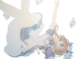 1girl alice's_adventures_in_wonderland alice_(alice_in_wonderland) apron bare_legs blonde_hair blue_dress blue_eyes blue_ribbon card dress hair_ribbon highres long_hair noharayumi0313 outstretched_arm playing_card puffy_short_sleeves puffy_sleeves ribbon short_sleeves simple_background solo white_apron white_background 