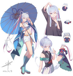  1girl absurdres bare_shoulders black_shirt blue_eyes blue_nails blue_umbrella chinese_commentary cho_kaguya-hime! commentary_request dated detached_sleeves double_bun double_v grey_hair hair_bun hair_ornament hair_rings hair_stick highres holding holding_umbrella long_hair looking_at_viewer midriff mini_person minigirl multicolored_hair multiple_views navel oil-paper_umbrella one_eye_closed pink_hair runami_yachiyo shengkai167 shirt side_ponytail smile sparkle three-quarter_sleeves two-tone_hair umbrella v very_long_hair violet_eyes white_background wide_sleeves 