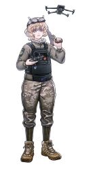  1girl 35th_marine_brigade absurdres blonde_hair body_armor callsign camouflage camouflage_pants character_patch commission commissioner_upload controller digital_camouflage flag_patch fluffy_hair full_body fur-trimmed_collar fur_trim gun handgun head-mounted_display highres holding holding_controller holding_gun holding_weapon kenneth_del_duca krole_nyatko military morale_patch non-web_source original pants quadcopter ribbed_socks russo-ukrainian_war shoes smile sneakers socks solo stechkin_aps tanya_degurechaff tanya_degurechaff_(sleepwalker) transparent_background tryzub ukrainian_flag ukrainian_marine_corps violet_eyes weapon youjo_senki 