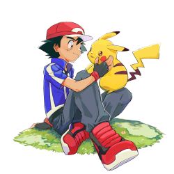 1boy ash_ketchum baseball_cap black_gloves black_hair blue_jacket brown_eyes closed_mouth commentary_request crossed_legs fingerless_gloves flower full_body gloves grass grey_pants hand_on_another's_face hand_on_ground hat highres jacket male_focus open_mouth pants pikachu pokemon pokemon_(anime) pokemon_(creature) pokemon_on_leg pokemon_the_series:_xy red_hat red_shoes shoes short_hair short_sleeves simple_background sitting smile twitter_username umebosibakari2 white_background 