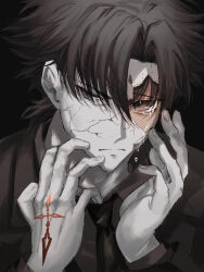  1boy black_background black_hair black_necktie brown_eyes command_spell commentary_request crying crying_with_eyes_open emiya_kiritsugu facial_hair fate/zero fate_(series) highres male_focus necktie simple_background solo stubble tears tengusa_(question612) 