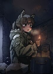  1girl absurdres animal_ears blush breath brown_eyes brown_hair ceiling cold dark drawstring fire fox_ears fox_girl fox_girl_(yihan_world) fox_tail fur-trimmed_jacket fur_trim green_jacket highres holding_matchstick hood hood_down indoors jacket open_mouth original ponytail sidelocks snow snow_on_clothes snow_on_head solo tail yihan_world 
