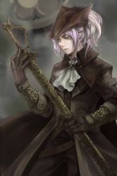  1girl ascot bloodborne brooch brown_coat brown_gloves brown_hat brown_pants brown_shirt cherry_(10013717) closed_mouth coat commentary_request cowboy_shot gloves gold_embroidery green_eyes grey_background grey_hair hat hat_feather highres holding holding_weapon jewelry lady_maria_of_the_astral_clocktower long_coat long_sleeves looking_at_object ornate_weapon pants ponytail rakuyo_(bloodborne) scabbard sheath sheathed shirt sidelocks solo trench_coat tricorne weapon white_ascot wrist_guards 