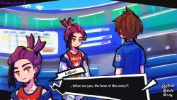 2boys ahoge antenna_hair artist_name black_hair blue_shirt brown_hair collarbone collared_shirt commentary cowboy_shot english_commentary english_text florian_(pokemon) frown highres jacket kieran_(pokemon) looking_at_another male_focus multiple_boys off_shoulder open_clothes open_jacket parted_lips persona pokemon pokemon_scarlet_and_violet purple_hair red_vest shirt shootingstareon short_hair sidelocks single_sidelock teeth user_interface vest white_jacket yellow_eyes 