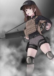  1girl absurdres assault_rifle baseball_cap belt brown_hair bulletproof_vest closed_mouth gun hat highres holding holding_weapon k0ng looking_at_viewer magazine_(weapon) original pants rifle short_shorts shorts solo tagme weapon white_background 