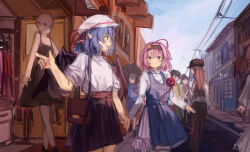  2girls absurdres alternate_costume bag bat_wings black_hairband black_skirt blue_hair blue_sky blush brown_bag closed_mouth clouds commentary_request commission contemporary dating day eyeball hair_ornament hairband hat heart heart_hair_ornament highres holding_hands komeiji_satori mannequin medium_hair mob_cap multiple_girls outdoors people pixiv_commission pointing pointy_ears red_eyes remilia_scarlet shirt shoulder_bag skirt sky smile third_eye touhou vanilla_flan white_shirt wings yuri 