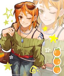  1girl alternate_costume alynomali bag bare_shoulders belt blue_pants bra_strap brown-tinted_eyewear brown_eyes casual collarbone commentary denim earrings eyewear_on_head feet_out_of_frame food fruit green_shirt highres holding holding_bag hoop_earrings jeans jewelry long_sleeves looking_at_viewer mandarin_orange nami_(one_piece) necklace off-shoulder_shirt off_shoulder one_eye_closed one_piece orange_hair pants parted_lips pearl_necklace red_belt ring shirt short_hair shoulder_tattoo smile solo sparkle standing star_(symbol) sunglasses tattoo tinted_eyewear twitter_username untranslatable_commentary 