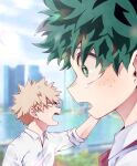  2boys bakugou_katsuki blonde_hair blurry blurry_background blush boku_no_hero_academia collared_shirt commentary_request crying crying_with_eyes_open day freckles from_side green_eyes green_hair hand_up highres male_focus midoriya_izuku morino_(ktdk_0141) multiple_boys necktie open_mouth outdoors red_eyes red_necktie shirt short_hair spiky_hair tears white_shirt 