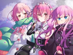  3girls aaali! black_robe blue_eyes blunt_bangs breasts carmilla_(re:zero) coat collared_robe cowboy_shot dress english_commentary enpera green_scarf hair_ornament hair_over_one_eye hair_ribbon highres long_coat long_hair long_sleeves looking_at_viewer maid maid_headdress medium_breasts multiple_girls open_mouth overcast pink_eyes pink_hair pointy_ears purple_ribbon ram_(re:zero) re:zero_kara_hajimeru_isekai_seikatsu red_eyes ribbon ribbon-trimmed_clothes ribbon_trim robe roswaal_mansion_maid_uniform ryuzu_meyer scarf short_hair sidelocks sky white_coat x_hair_ornament 