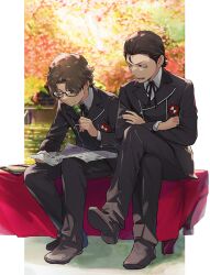  2boys black-framed_eyewear black_hair black_pants black_ribbon black_shoes border brown_hair closed_mouth commentary_request crossed_arms crossed_legs eating food full_body gekkoukan_high_school_uniform glasses hiraga_keisuke holding holding_food isa_(peien516) looking_at_another male_focus multiple_boys neck_ribbon odagiri_hidetoshi open_mouth pants persona persona_3 pillarboxed rectangular_eyewear ribbon school_uniform semi-rimless_eyewear shoe_soles shoes short_hair sitting under-rim_eyewear white_border 