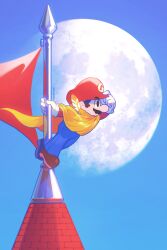  1boy adjusting_clothes adjusting_headwear blue_pants brown_hair brown_shoes cape cape_mario commentary flag flagpole from_side full_moon gloves hat highres leaning_forward male_focus mario mong_(mong_milo) moon pants profile red_hat shoes short_hair sideburns sky solo super_mario_bros. white_gloves yellow_cape 