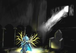  absurdres blue_hair cape cathedral church highres jnh85 light_rays non-web_source self-upload solo sword weapon wings 