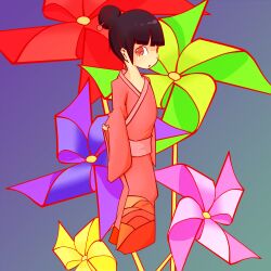  1girl absurdres black_hair blunt_bangs colorful gradient_background hair_bun highres iwako_(eiken3kyuboy) japanese_clothes kimono obi pink_kimono pinwheel profile purple_background red_eyes sash solo 