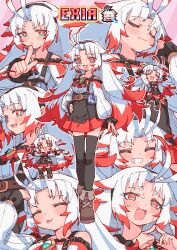  1girl absurdres antenna_hair aqua_eyes bare_shoulders black_thighhighs boots bright_pupils brooch brown_boots character_name commentary deus_exia diagonal-striped_background diamond-shaped_brooch dress english_commentary exia_(deus_exia) fang frilled_shirt frills full_body gem highres jewelry long_hair long_sleeves multicolored_eyes multicolored_hair multiple_expressions off-shoulder_shirt off_shoulder official_art pink_background pixel_art_inset pleated_dress puffy_sleeves red_eyes red_hair rune_(dualhart) shirt short_dress standing striped_background thigh-highs two-tone_eyes two-tone_hair white_hair white_pupils white_shirt 