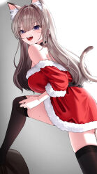  absurdres adjusting_clothes adjusting_legwear animal_ear_fluff animal_ears bare_shoulders belt black_belt black_choker black_thighhighs blue_eyes blush borrowed_character brown_hair cat_ears cat_girl cat_tail choker dress extra_ears facial_mark fur-trimmed_dress fur_trim highres indie_virtual_youtuber long_hair off-shoulder_dress off_shoulder open_mouth red_dress santa_costume santa_dress seorang_(vtuber) sobayaki18 sweat tail teeth thigh-highs upper_teeth_only virtual_youtuber 