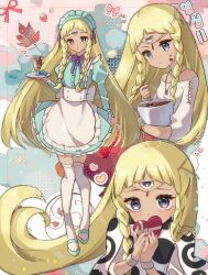  1girl apron aqua_dress aqua_shoes blonde_hair blush braid chocolate chocolate_making closed_mouth commentary dark-skinned_female dark-skinned_male dark_skin dated_commentary dress eupha_(metaphor:_refantazio) floating_hair food food_on_face frilled_dress frills full_body hand_up heart highres holding holding_plate juliet_sleeves long_hair long_sleeves looking_at_viewer maid maid_apron maid_headdress metaphor:_refantazio multiple_views neck_ribbon off-shoulder_shirt off_shoulder plate puffy_sleeves purple_ribbon ribbon shirt shoes smile standing thigh-highs third_eye twin_braids upper_body valentine very_long_hair violet_eyes white_apron white_shirt white_thighhighs zer00han 