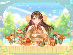  1girl absurdres air_bubble bird blue_sky brown_gloves brown_hair brown_hairband brown_kimono bubble cake cake_slice chair commission cookie cup dessert floral_print floral_print_kimono flower food forest gloves hairband highres holding holding_cup indie_virtual_youtuber japanese_clothes kimono long_hair long_sleeves looking_at_viewer macaron nature obi obiage obijime open_mouth outdoors pink_flower print_kimono rainbow red_eyes sash sitting skeb_commission sky solo squirrel suzuri_suzuna tea_party teacup teapot tiered_tray tree virtual_youtuber white_bird wide_sleeves 
