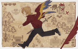  1boy antenna_hair bird_boy bird_wings black_pants black_shoes blood blood_on_clothes blood_on_weapon blue_eyes brown_hair cameo chicken_(minecraft) commentary creeper english_commentary flipped_hair from_side ghast grian_(youtuber) guardian_(minecraft) heart highres holding holding_sword holding_weapon iron_golem_(minecraft) luminous_slime map minecraft minecraft_youtube pants parrot_(minecraft) parrot_boy quill red_sweater running shoes short_hair shulker solo spider_(minecraft) sweater sword traffic_life_series vex_(minecraft) warden_(minecraft) weapon wild_life_smp wings witch_(minecraft) 