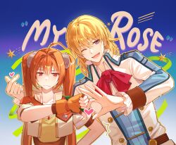  1boy 1girl ahoge annoyed blonde_hair blue_background blush bow brown_hair buttons coat cropped_jacket eiyuu_densetsu english_text estelle_bright eyelashes finger_heart fingerless_gloves gloves gradient_background hair_between_eyes heart heart_hands heart_hands_failure height_difference highres kernel_killer light_frown long_hair long_sleeves looking_at_viewer medium_hair olivert_reise_arnor one_eye_closed open_mouth orange_outline outline red_bow red_eyes revision short_sleeves smile sora_no_kiseki star_(symbol) thumbs_down twintails upper_body valentine very_long_hair violet_eyes white_coat wilted_ahoge 