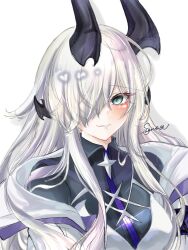  1girl arknights black_horns black_shirt blush collared_shirt commentary green_eyes hair_over_one_eye highres horns jacket long_hair necrass_(arknights) one_eye_covered parted_lips portrait seno_(snllian) shirt simple_background sketch smile solo white_background white_hair white_jacket 