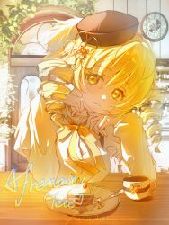  1girl analog_clock arch beret blonde_hair bow bowtie breast_rest breasts breasts_on_table brown_hat cafe cake cake_slice chinese_commentary clock closed_mouth collared_shirt commentary_request cup detached_sleeves door dot_nose drill_hair elbows_on_table english_text eyelashes flower_hairpin food fork gem hair_between_eyes hands_on_own_cheeks hands_on_own_face happy hat hat_feather heart high_collar highres indoors light_blush long_hair long_sleeves magical_girl mahou_shoujo_madoka_magica mahou_shoujo_madoka_magica_(anime) no_gloves orange_gem plate puffy_long_sleeves puffy_short_sleeves puffy_sleeves shirt short_sleeves signature smile solo teacup tomoe_mami twin_drills upper_body white_shirt white_sleeves yellow_bow yellow_bowtie yellow_eyes yishi_niaoniao 