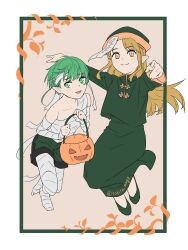  1boy 1girl brother_and_sister brown_hair commentary elf green_eyes green_hair green_shorts halloween halloween_bucket halloween_costume highres jiangshi_costume looking_at_viewer lucy_greyrat mummy_costume mushoku_tensei pointy_ears shorts siblings sieghart_saladin_greyrat tokita_(mag0) untranslatable_commentary 