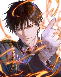  1boy amestris_military_uniform bin_(binonep) black_hair blue_jacket closed_mouth collared_jacket commentary fire fullmetal_alchemist gloves jacket layered_sleeves long_sleeves looking_at_viewer male_focus pyrokinesis roy_mustang smile solo upper_body white_background white_gloves wing_collar 