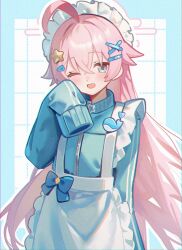  1girl ;d ahoge apron arm_at_side blue_archive blue_border blue_eyes blue_ribbon blue_track_suit border commentary_request cowboy_shot dot_nose facing_viewer fang frilled_apron frills hair_between_eyes hair_ornament hairclip halo hand_on_own_cheek hand_on_own_face hand_up heart_ornament highres hoshino_(blue_archive) jersey_maid light_blush long_hair long_sleeves looking_at_viewer maid maid_apron maid_headdress one_eye_closed open_mouth pink_hair pink_halo ribbon sidelocks simple_background sleeves_past_fingers sleeves_past_wrists smile solo standing star_(symbol) star_hair_ornament star_ornament striped_clothes sundi3d track_suit two-tone_background unconventional_maid vertical-striped_clothes vertical-striped_sleeves very_long_hair whale_ornament white_apron white_background zipper 