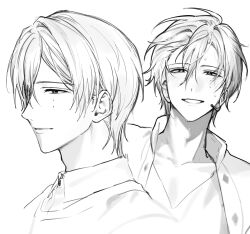  1boy absurdres blush closed_mouth commentary_request ensemble_stars! from_side greyscale grin hair_between_eyes headset highres idol_clothes jacket jy_ttmy kazehaya_tatsumi korean_commentary looking_at_viewer male_focus mole mole_under_eye monochrome multiple_views shirt short_hair smile sweat upper_body white_background 