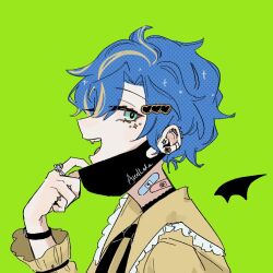  1boy astel_leda bandaid bandaid_on_neck bat_wings black_mask black_ribbon blonde_hair blonde_streaks blue_hair bracelet character_name ear_piercing facial_mark fangs frilled_shirt frills from_side green_background green_eyes hair_ornament hairclip halftone heart heart_hair_ornament holostars jewelry long_sleeves male_focus mask mask_pull monorinnn mouth_mask multicolored_hair multiple_rings open_mouth parody piercing portrait ribbon ring shirt simple_background solo sparkle_facial_mark streaked_hair vampire_(vocaloid) virtual_youtuber wavy_hair wings yellow_shirt 
