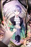  1boy blue_eyes cento_(saibai_shounen) coat flower formal frown long_sleeves looking_at_viewer male_focus official_art open_mouth parted_lips pov reaching_out saedle saibai_shounen second-party_source short_hair solo white_hair 