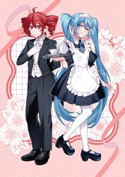  2girls absurdres ahoge alternate_costume apron arm_behind_back black_dress black_jacket black_pants black_shoes blue_eyes blue_hair bow bowtie butler closed_mouth commentary_request cup dress drill_hair female_butler frilled_apron frills full_body gloves hand_on_own_chest hatsune_miku highres holding holding_tray jacket kasane_teto long_hair looking_at_viewer maid maid_apron maid_headdress mary_janes multiple_girls one_eye_closed open_clothes open_jacket pant_suit pants pantyhose puffy_short_sleeves puffy_sleeves red_eyes red_hair shirt shoes short_sleeves smile standing suit suit_jacket teacup teapot tere_douga traditional_bowtie tray twin_drills twintails utau very_long_hair vest vocaloid white_apron white_bow white_bowtie white_gloves white_pantyhose white_shirt white_vest 
