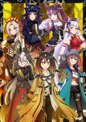  6+girls ahoge animal_ears armband ascot asymmetrical_shirt beanie black_ascot black_gloves black_hair black_jacket black_pants black_shirt blue_coat blue_eyes blunt_bangs blush bow breasts brown_eyes brown_hair brown_hat clenched_teeth closed_mouth coat denim dream_journey_(reminder_of_dreamland)_(umamusume) dream_journey_(umamusume) dress ear_bow ear_covers ears_through_headwear eyewear_strap fenomeno_(black_flames_of_the_righteous_spirit)_(umamusume) fenomeno_(umamusume) fingerless_gloves flipped_hair gem glasses gloves goggles goggles_around_neck gold_ship_(red_strife)_(umamusume) gold_ship_(umamusume) green_gem grey_hair grey_hat hair_between_eyes hat horse_ears horse_girl horse_tail horseshoe_hat_ornament horseshoe_ornament jacket jeans knife_sheath konsu_(konsu1182da) long_hair long_sleeves lucky_lilac_(umamusume) multicolored_hair multiple_girls nakayama_festa_(shichuukyuukatsu)_(umamusume) nakayama_festa_(umamusume) open_mouth orange_hair orfevre_(control)_(umamusume) orfevre_(umamusume) pants peaked_cap pillbox_hat purple_hair red_dress sheath shirt signature single_ear_cover sleeveless sleeveless_dress smile stay_gold_(sunlit_outsider)_(umamusume) stay_gold_(umamusume) stay_gold_clan_(umamusume) striped_armband striped_clothes striped_hat tail teeth torn_clothes torn_coat torn_jeans torn_pants torn_shirt two-tone_hair umamusume violet_eyes white_coat white_gloves white_hair white_shirt wrist_belt yellow_coat 