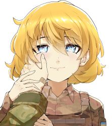  1girl absurdres bandaid bandaid_on_hand blonde_hair blue_eyes body_armor camouflage camouflage_jacket closed_mouth commission commissioner_upload fluffy_hair hair_between_eyes hand_on_another's_cheek hand_on_another's_face highres jacket kenneth_del_duca long_sleeves looking_at_viewer military non-web_source open_collar optaku original portrait pov pov_hands russo-ukrainian_war shiny_eyes simple_background smile solo tanya_degurechaff tanya_degurechaff_(sleepwalker) ukrainian_flag white_background youjo_senki 