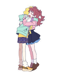  2girls black_overskirt blonde_hair blue_skirt braid brown_hair brown_shoes closed_eyes commentary_request from_side fujita_kotone gakuen_idolmaster hanami_saki hatsuboshi_gakuen_school_uniform highres hood hooded_jacket hug idolmaster jacket jieshi-ld loafers long_hair long_sleeves multicolored_jacket multiple_girls pink_jacket plaid_clothes plaid_skirt pleated_skirt school_uniform shoes simple_background skirt sneakers socks tiptoes white_background white_socks yellow_shoes yuri 