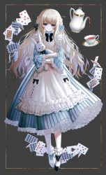  1girl alice's_adventures_in_wonderland alice_(alice_in_wonderland) black_ribbon black_shoes blue_dress blue_eyes braid card closed_mouth cup dress full_body grey_background highres holding holding_stuffed_toy long_hair mikemomonga neck_ribbon playing_card ribbon shoes sidelocks socks solo stuffed_animal stuffed_rabbit stuffed_toy teacup teapot white_socks wide_sleeves 