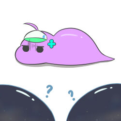  1girl ? absurdres ahoge arcshizuku black_eyes bocchi_the_rock! clover_hair_ornament commentary date_akari four-leaf_clover_hair_ornament full_body gotoh_hitori gotoh_hitori_(tsuchinoko) hair_ornament heaven_burns_red highres jitome narby_(heaven_burns_red) parody shaded_face simple_background slime_(creature) solo visor_cap white_background 