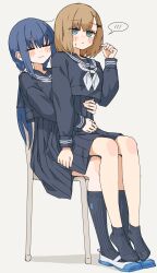 2girls black_sailor_collar black_serafuku black_shirt black_skirt black_socks blue_eyes blue_hair brown_hair closed_eyes closed_mouth commentary_request grey_background highres hug hug_from_behind kopaka_(karda_nui) multiple_girls neckerchief original pleated_skirt sailor_collar school_uniform serafuku shirt shoes short_hair simple_background sitting sitting_on_lap sitting_on_person skirt smile socks spoken_blush twintails white_neckerchief white_shoes yuri 