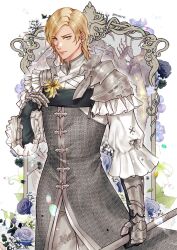  1boy armor bahamut_(final_fantasy) black_flower black_rose blonde_hair blue_flower border chainmail closed_mouth cowboy_shot dion_lesage earrings etroveria final_fantasy final_fantasy_xvi flower highres holding holding_flower holding_polearm holding_weapon jewelry male_focus pants parted_bangs pauldrons polearm rose shirt short_hair shoulder_armor single_pauldron solo swept_bangs twitter_username weapon white_border white_pants white_shirt yellow_eyes yellow_flower 