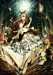  1girl alice's_adventures_in_wonderland alice_(alice_in_wonderland) apron asterfield_(meiar) black_dress black_shoes blonde_hair book clock curly_hair dress forest frilled_dress frills full_body hand_up highres long_hair mushroom nature open_book pantyhose rabbit shoes striped_clothes striped_pantyhose violet_eyes white_apron white_rabbit_(alice_in_wonderland) 